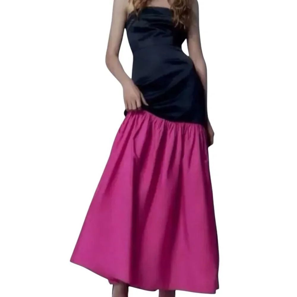 Zara Pink & Black Color block Strapless Maxi
Dress(Size XSmall)